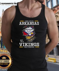 Pretty Premium tank top featuring 'I May Live In Arkansas But I'm A Minnesota Vikings Fan Forever' design.