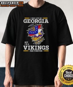 Pretty Premium 'I May Live In Georgia But I'm A Minnesota Vikings Fan Forever' T-Shirt design featuring team colors.