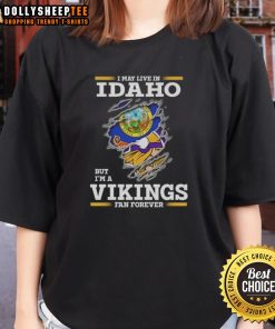 Pretty Premium Ladies Tee featuring 'I May Live in Idaho But I'm a Minnesota Vikings Fan Forever' design.