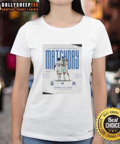 Pretty Real Madrid vs Marseille UEFA Champions League 2025 matchday ladies tee, showcasing team colors and style.
