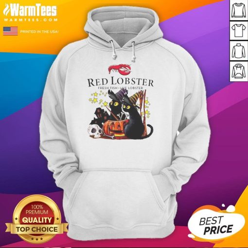 Alt Text: Pretty red lobster, black cat, and pumpkin design on a Halloween hoodie featuring a haunted house theme.