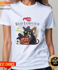 Pretty red lobster with a black cat and pumpkin near a haunted house on a Halloween ladies tee design.