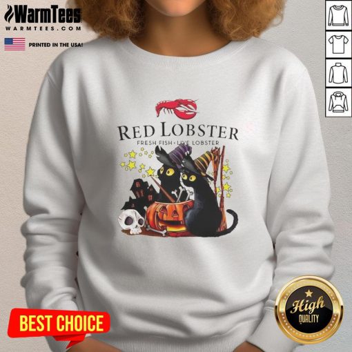 Pretty red lobster and black cat witch with pumpkin and haunted house on Halloween sweatshirt design.