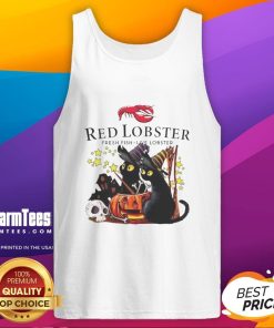 Pretty red lobster graphic on black cat, witch, pumpkin, and haunted house Halloween tank top for festive style.