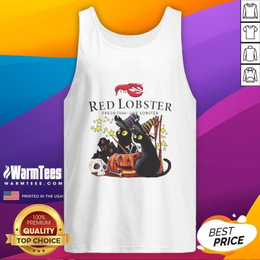 Pretty red lobster graphic on black cat, witch, pumpkin, and haunted house Halloween tank top for festive style.