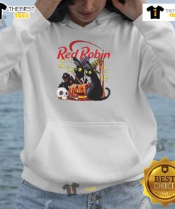 Pretty red robin and black cat with a pumpkin in front of a haunted house on a Halloween hoodie.