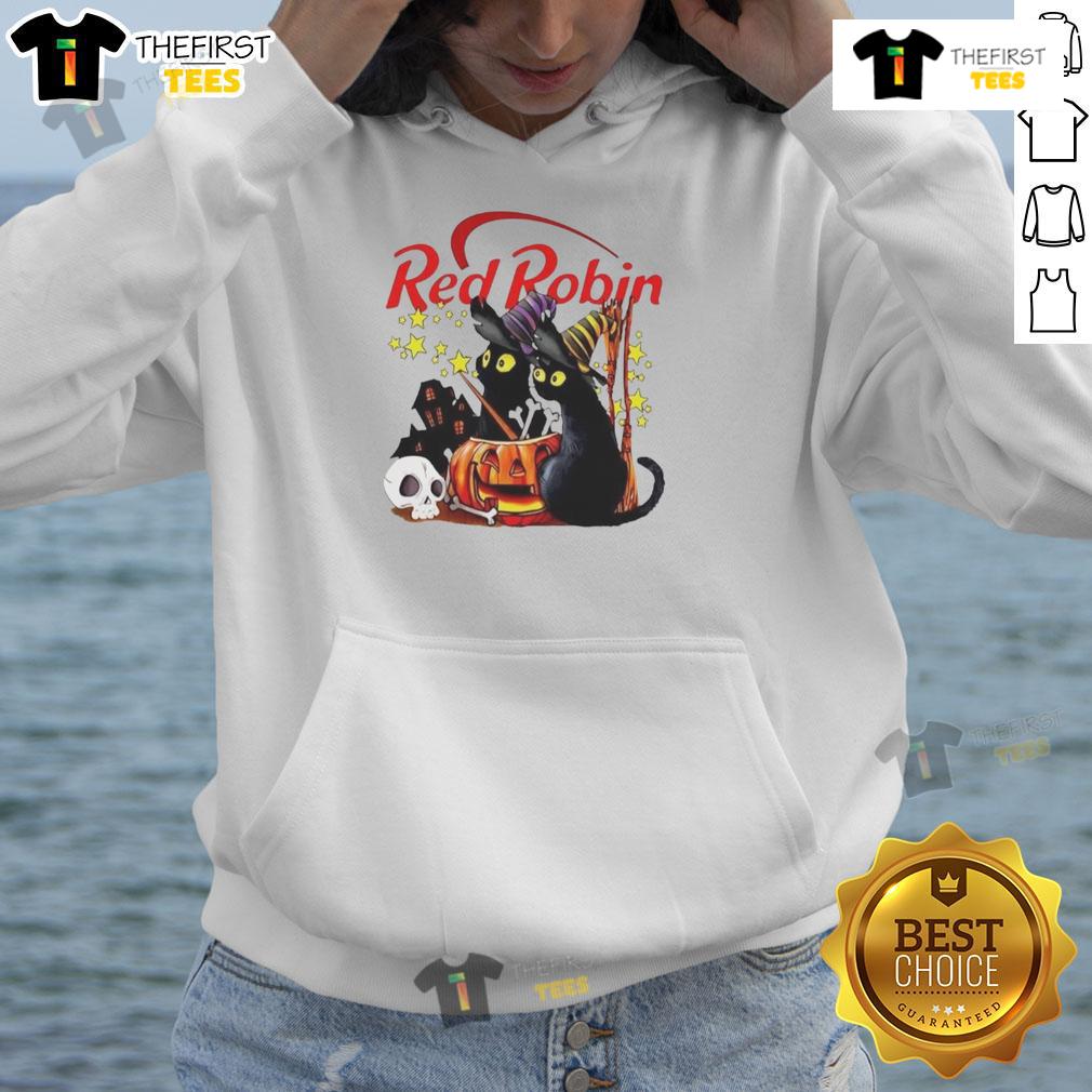 Pretty Red Robin Black Cat Witch Pumpkin Haunted House Halloween Hoodie Pretty red robin and black cat with a pumpkin in front of a haunted house on a Halloween hoodie.