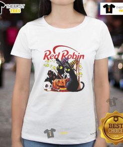Pretty red robin and black cat at a haunted house on a Halloween ladies tee with a pumpkin design.