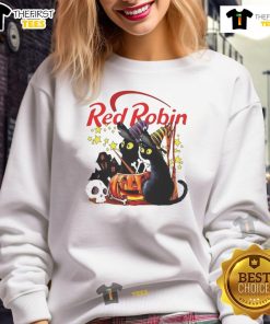 Alt Text: Pretty red robin, black cat, and pumpkin on a haunted house Halloween sweatshirt for festive fall style.