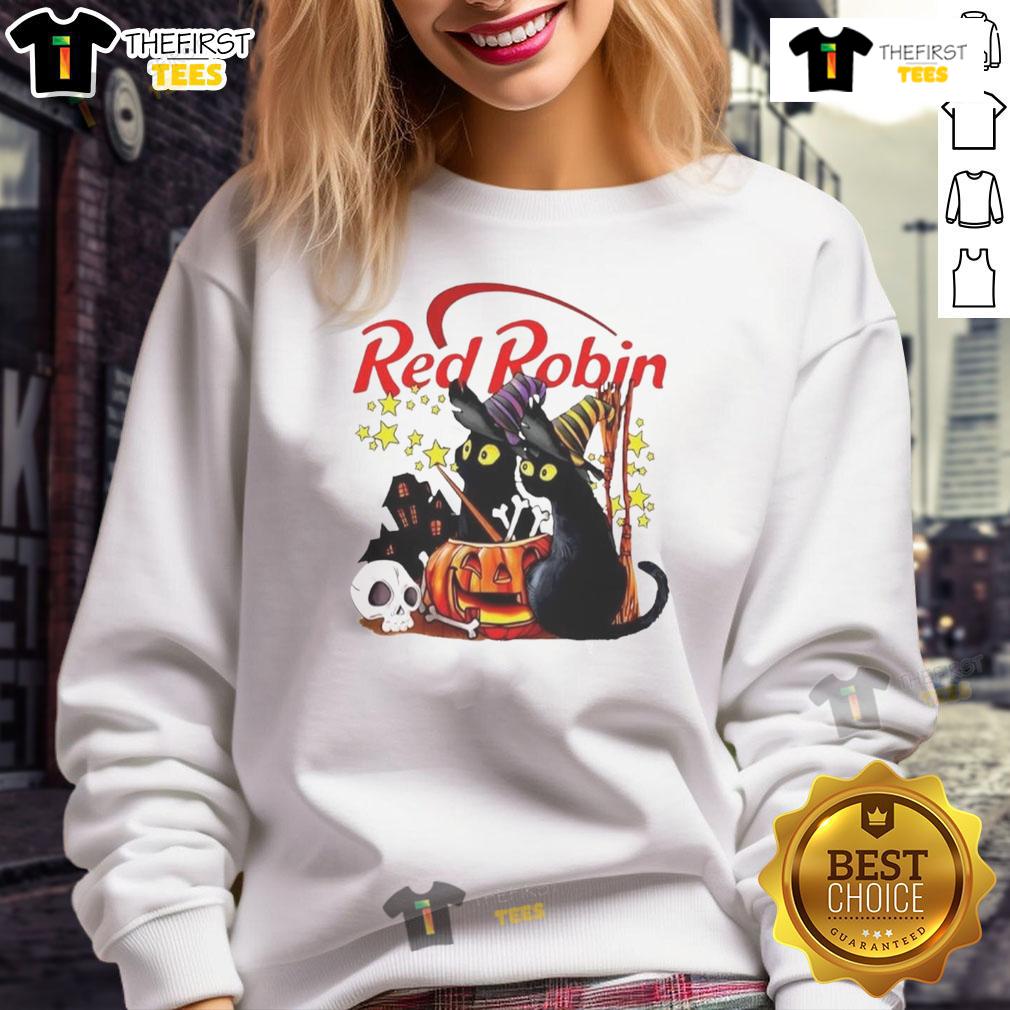 Pretty Red Robin Black Cat Witch Pumpkin Haunted House Halloween Sweatshirt Alt Text: Pretty red robin, black cat, and pumpkin on a haunted house Halloween sweatshirt for festive fall style.