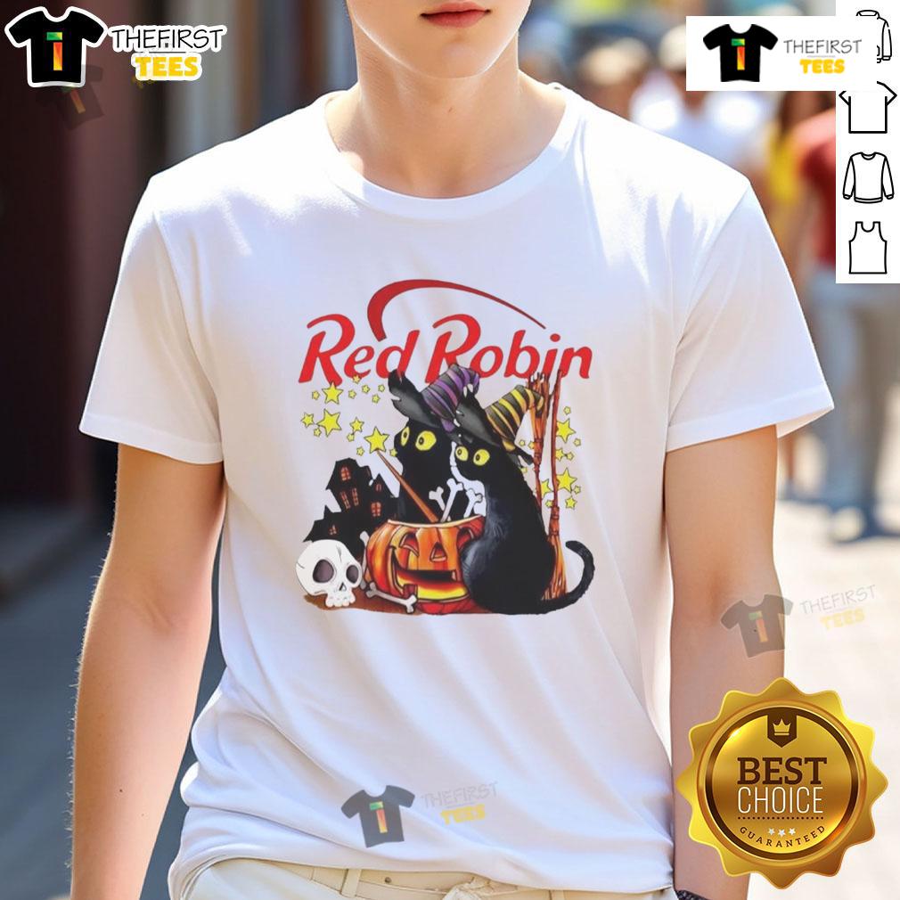 Pretty Red Robin Black Cat Witch Pumpkin Haunted House Halloween T Shirt Pretty red robin and black cat witch with pumpkin near a haunted house on a Halloween T-shirt design.