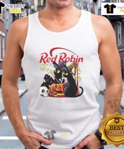 Pretty red robin perched on a black cat beside a pumpkin near a haunted house on a Halloween tank top design.