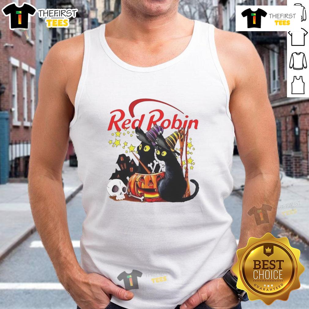 Pretty Red Robin Black Cat Witch Pumpkin Haunted House Halloween Tank Top Pretty red robin perched on a black cat beside a pumpkin near a haunted house on a Halloween tank top design.