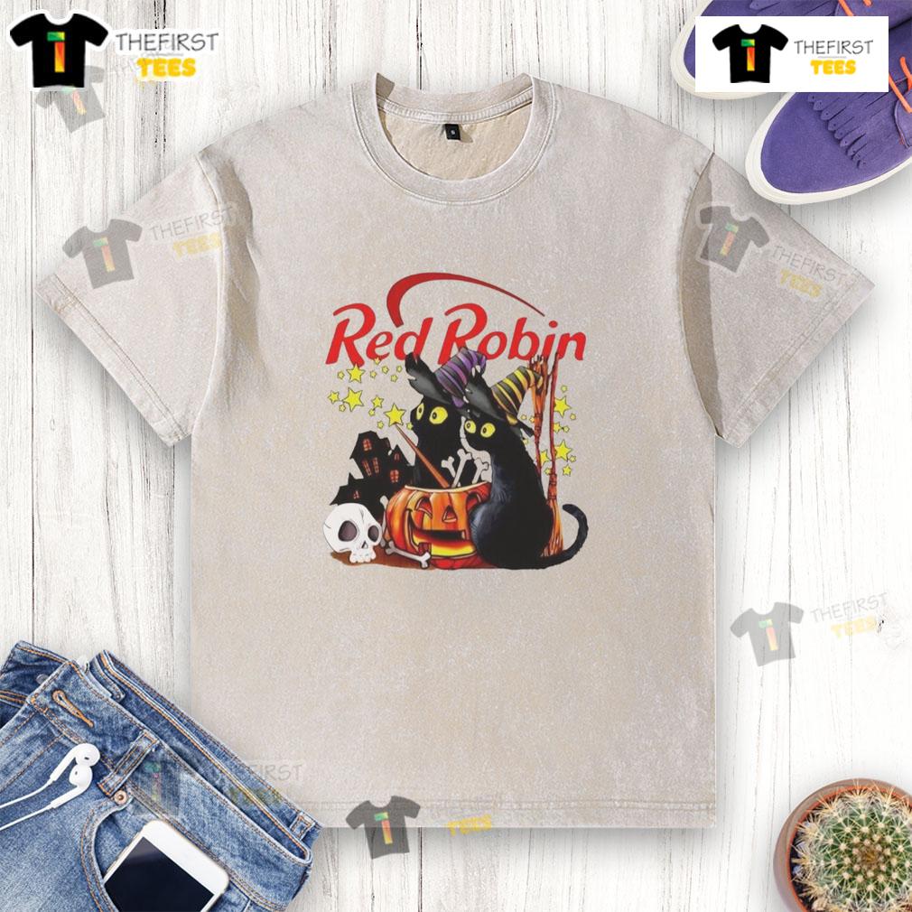 Pretty Red Robin Black Cat Witch Pumpkin Haunted House Halloween Washed T Shirt Alt Text: Pretty red robin and black cat with pumpkins near a haunted house on a Halloween washed t-shirt.