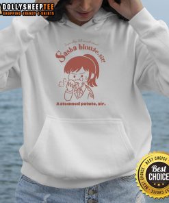Stylish Sasha Blouse with 'Sir A Steamed Potato' Attack on Titan hoodie, showcasing trendy anime fashion.