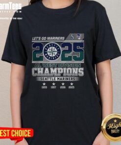 Alt Text: Ladies tee celebrating Seattle Mariners 2025 AL West Champions with historic years design, perfect for fans.