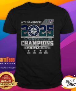 Alt Text: Pretty Seattle Mariners Let'S Go 2025 AL West Champions T-Shirt celebrating historic years in baseball fashion.
