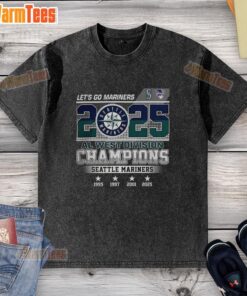 Pretty Seattle Mariners 'Lets Go 2025 AL West Champions' historic years washed t-shirt featuring vibrant team graphics.