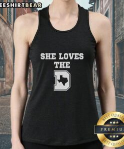 Alt Text: Pretty She Loves The D Texas Map Tank Top featuring a vibrant Texas map design, perfect for summer outfits.