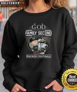 Pretty Snoopy and Charlie Brown sweatshirt with 'God First, Family Second, Then Green Bay Packers' design.