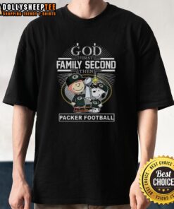 Pretty Snoopy and Charlie Brown t-shirt featuring 'God First, Family Second, Then Green Bay Packers' design.