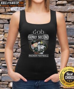 Alt Text: Pretty Snoopy and Charlie Brown tank top featuring 'God First, Family Second, Then Green Bay Packers' design.