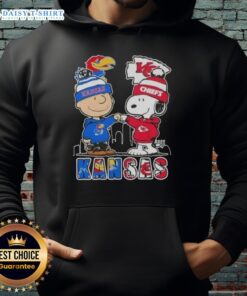 Pretty Snoopy and Charlie Brown Kansas City sports hoodie featuring Jayhawks and Chiefs skyline design.