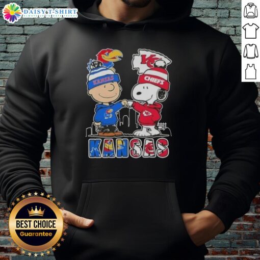 Pretty Snoopy and Charlie Brown Kansas City sports hoodie featuring Jayhawks and Chiefs skyline design.