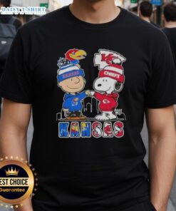 Pretty Snoopy and Charlie Brown Kansas City Sports Jayhawks X Chiefs skyline t-shirt design featuring vibrant graphics.
