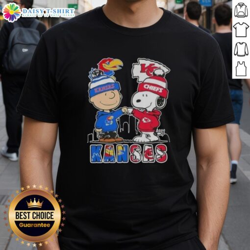 Pretty Snoopy and Charlie Brown Kansas City Sports Jayhawks X Chiefs skyline t-shirt design featuring vibrant graphics.