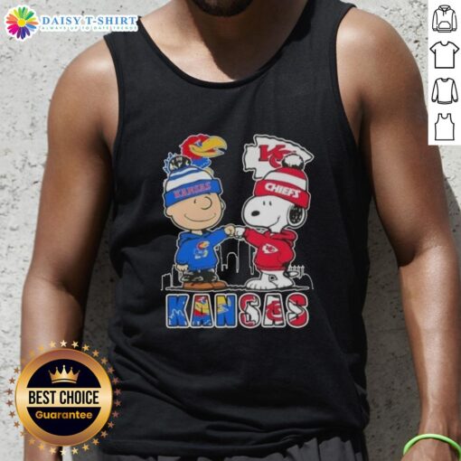 Pretty Snoopy and Charlie Brown Kansas City Sports tank top featuring Jayhawks and Chiefs skyline design.