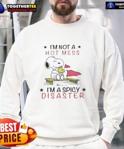 Pretty Snoopy and Woodstock sweatshirt featuring 'I'm not a hot mess, I'm a spicy disaster' design.