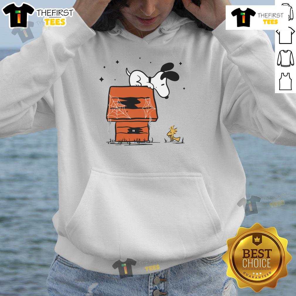 Pretty Snoopy Woodstock Haunted Doghouse Hoodie Pretty Snoopy and Woodstock in a haunted doghouse hoodie, perfect for Halloween pet lovers and Peanuts fans.