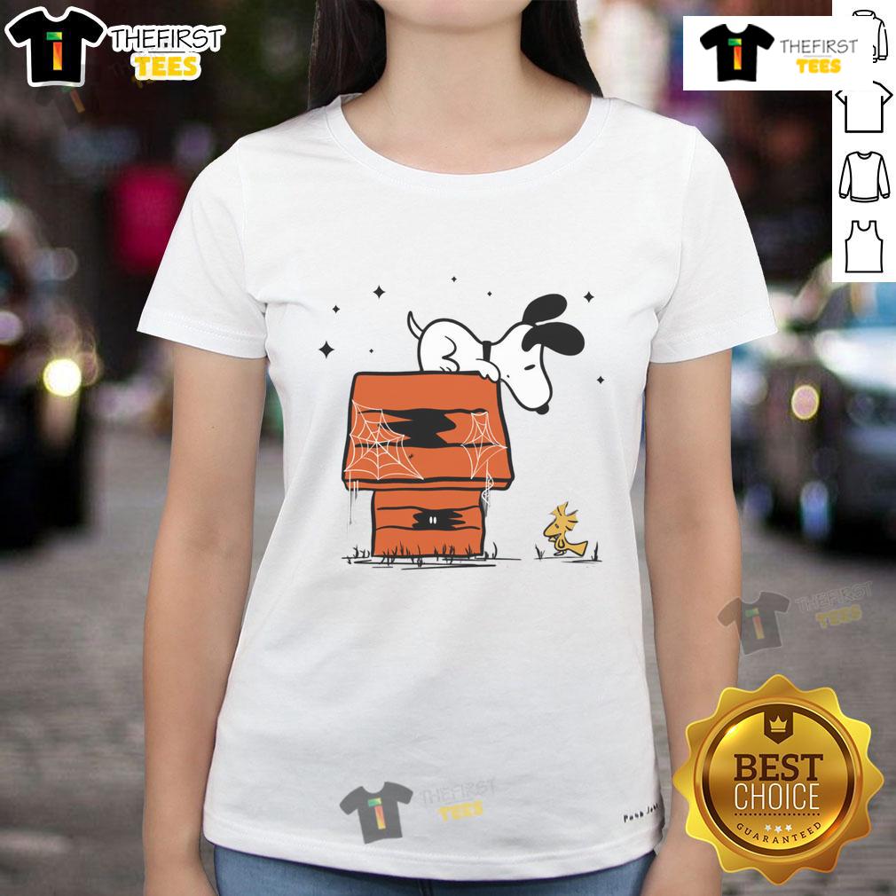 Pretty Snoopy Woodstock Haunted Doghouse Ladies Tee Pretty Snoopy and Woodstock haunted doghouse design on a ladies tee, perfect for Halloween and Peanuts fans.