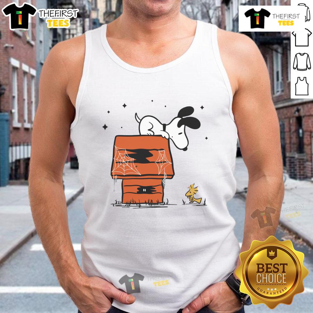 Pretty Snoopy Woodstock Haunted Doghouse Tank Top Pretty Snoopy and Woodstock in a haunted doghouse design on a stylish tank top, perfect for Halloween enthusiasts.