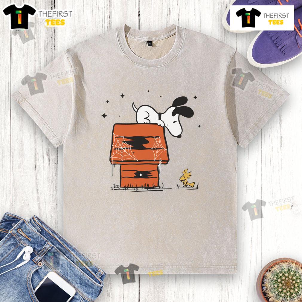 Pretty Snoopy Woodstock Haunted Doghouse Washed T Shirt Pretty Snoopy and Woodstock haunted doghouse design on a washed t-shirt, perfect for Halloween fans and Peanuts lovers.