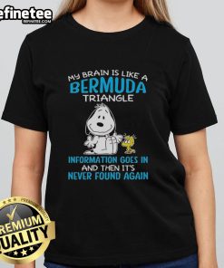 Alt Text: Pretty Snooy Peanuts cartoon ladies tee featuring 'My Brain Is Like A Bermuda Triangle' design for stylish comfort.