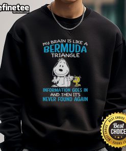 Alt Text: Pretty Snoopy cartoon sweatshirt featuring 'My Brain Is Like A Bermuda Triangle' design for Peanuts fans.