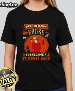 Alt Text: Pretty Snoopy Halloween cartoon tee featuring 'My broom broke, so I became a flying ace' design for ladies.