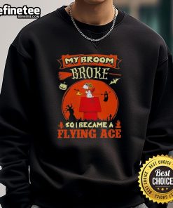 Alt Text: Pretty Snoopy Halloween cartoon sweatshirt featuring 'My broom broke, so I became a flying ace' design.