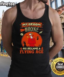 Pretty Snoopy as a flying ace in Halloween cartoon tank top, featuring 'My Broom Broke' design for festive fun.