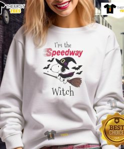 Pretty Speedway X Snoopy I'm The Witch Halloween Sweatshirt featuring a whimsical design perfect for spooky season.