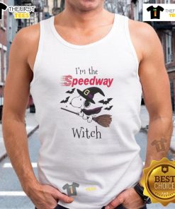 Alt Text: Pretty Speedway X Snoopy I'm The Witch Halloween Tank Top featuring a playful witch design perfect for Halloween.