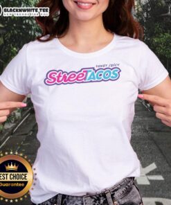 Alt Text: Pretty street tacos design on a tangy spicy ladies tee, perfect for taco lovers and casual fashion enthusiasts.