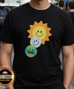 Alt Text: Pretty Sun Moon Earth Smiley Faces T-Shirt featuring cheerful celestial designs perfect for casual wear.