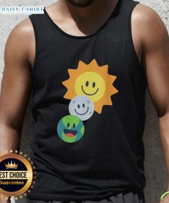 Pretty sun, moon, and Earth smiley faces tank top design, perfect for casual summer wear and space-themed fashion lovers.