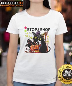 Alt Text: Pretty black cat witch with pumpkin near a haunted house on a Halloween ladies tee shirt design.