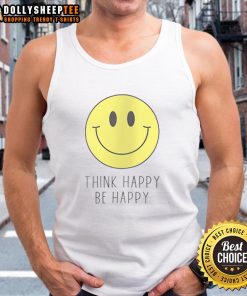 Smiley face tank top with 'Think Happy, Be Happy' slogan, perfect for uplifting casual wear and positive vibes.