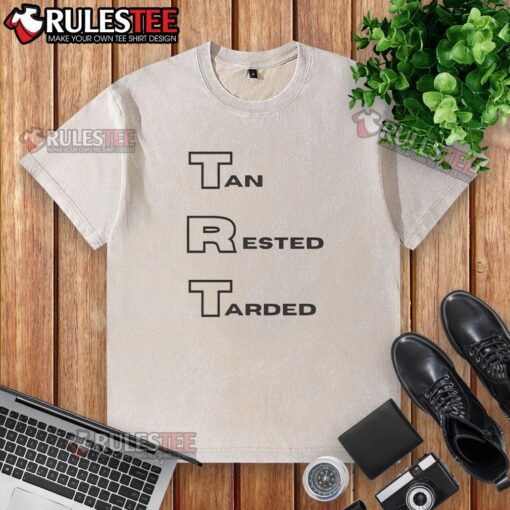 Pretty tan rested t-shirt, freshly washed, showcasing a stylish design perfect for casual wear and summer outings.
