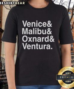 Pretty Venice Malibu Oxnard and Ventura ladies tee featuring a vibrant coastal design and stylish fit for casual wear.